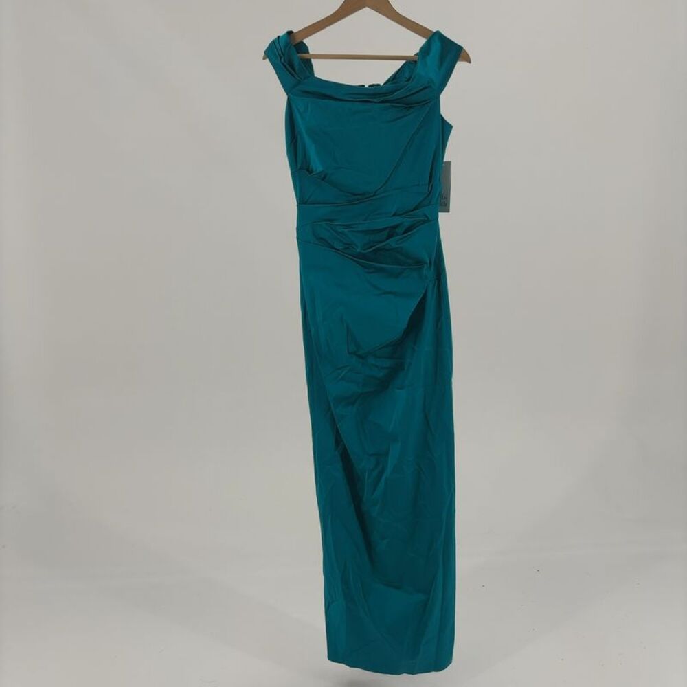 Teri Jon by Rickie Freeman Satin Ruched Asymmetrical Off Shoulder Gown